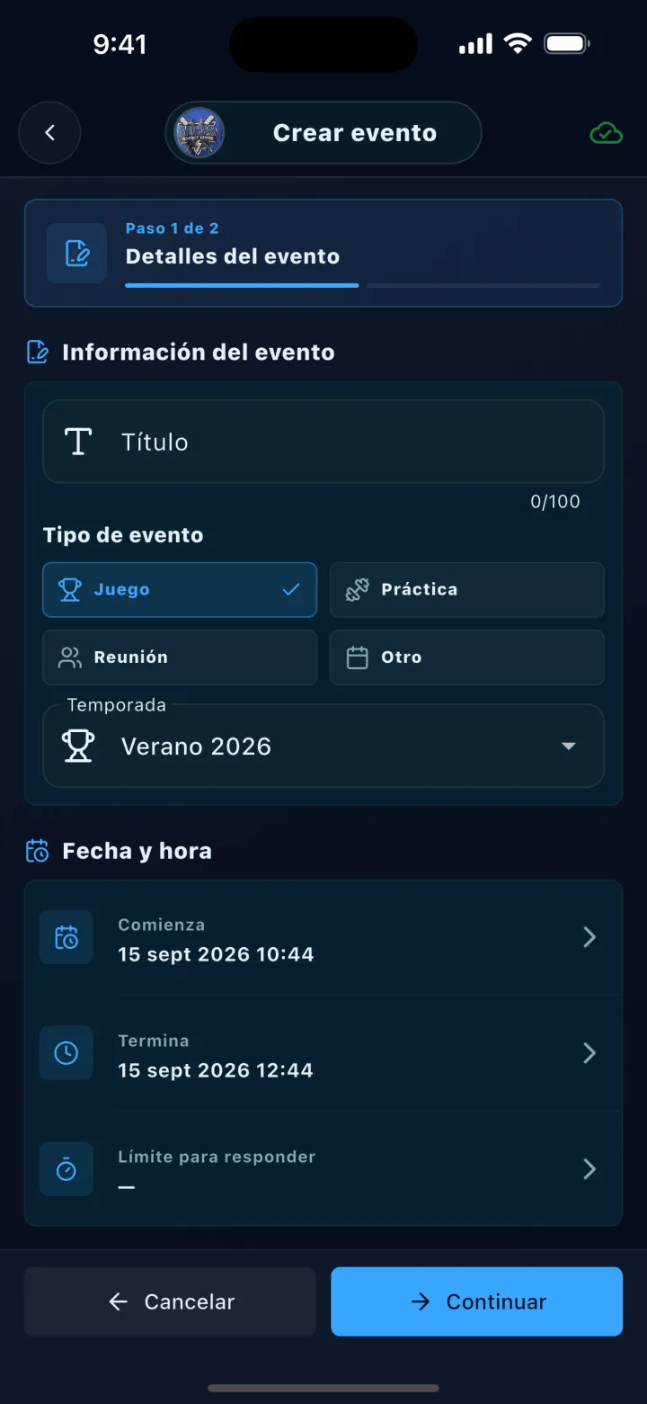 Pantalla de DStats: Formulario para programar un evento