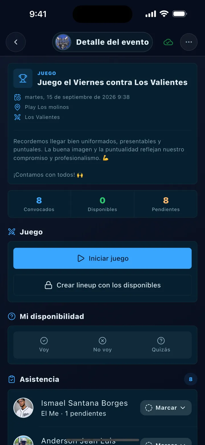 Pantalla de DStats: Detalle y participantes de un evento