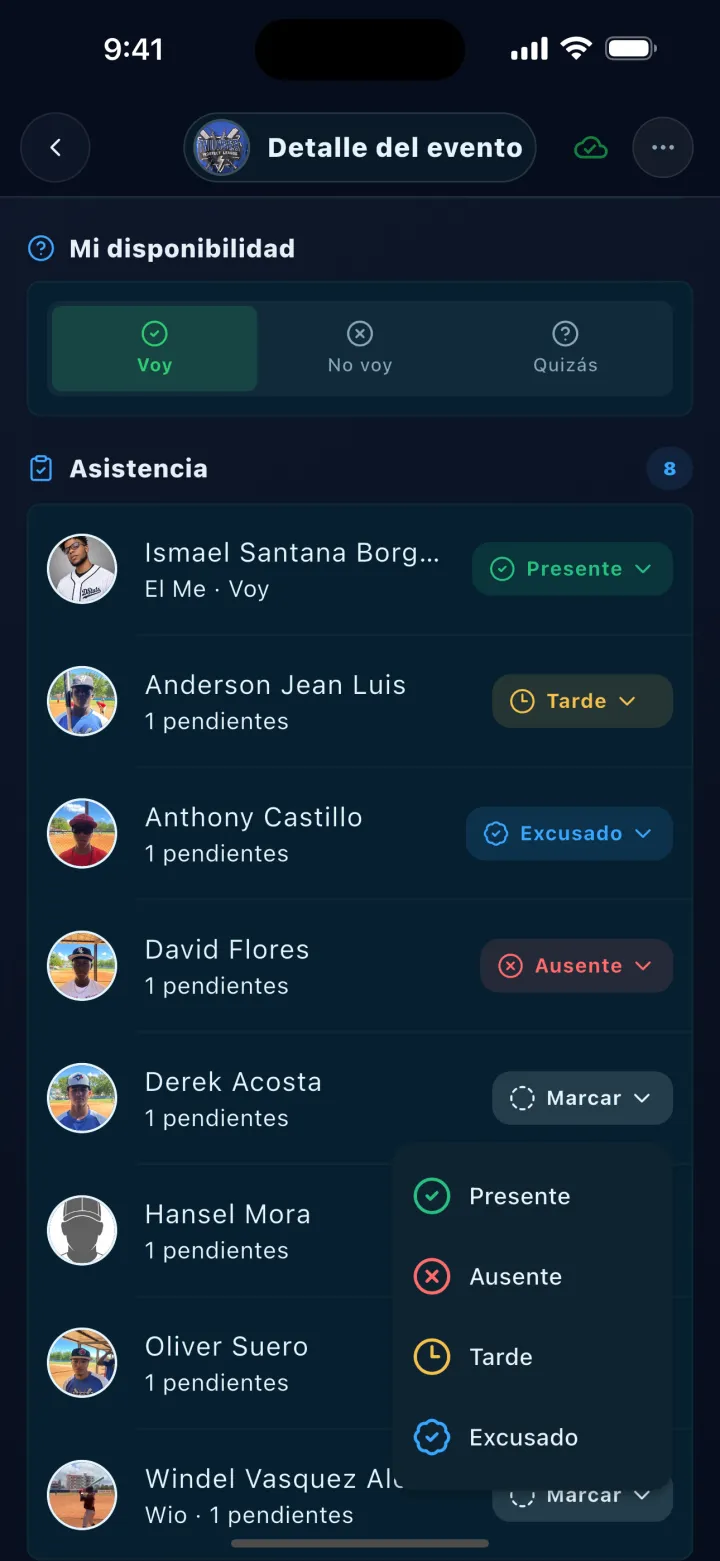 Pantalla de DStats: Disponibilidad y asistencia del plantel