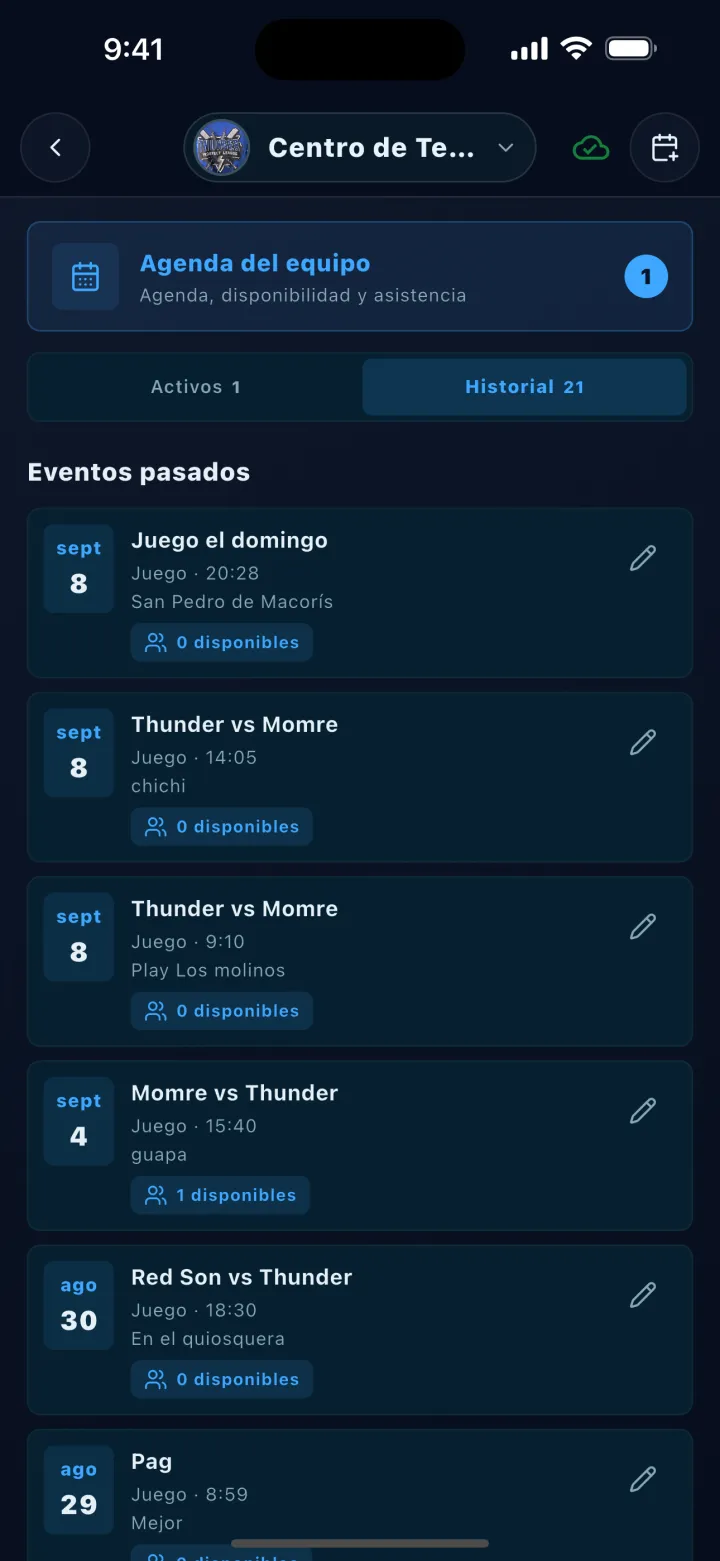 Pantalla de DStats: Historial de eventos del equipo