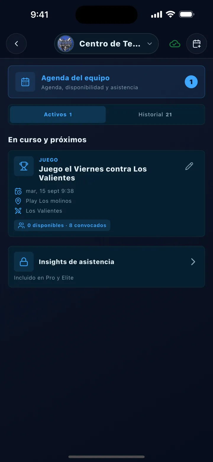 Pantalla de DStats: Próximos eventos del equipo