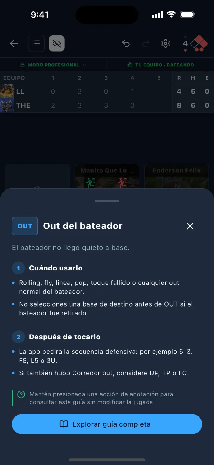 Pantalla de DStats: Ayuda para anotar un out