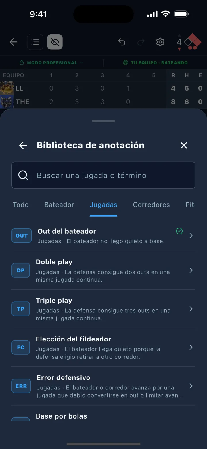 Pantalla de DStats: Opciones de jugadas para anotar