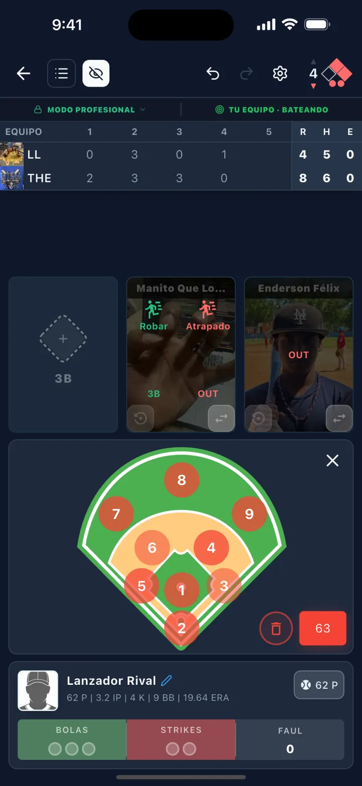 Pantalla de DStats: Registro de una jugada defensiva