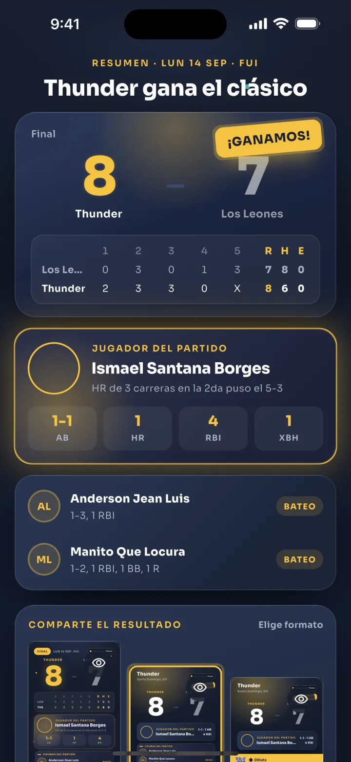 Pantalla de DStats: Formatos para compartir el resultado