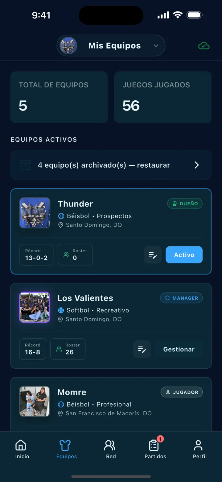 Pantalla de DStats: Lista de mis equipos