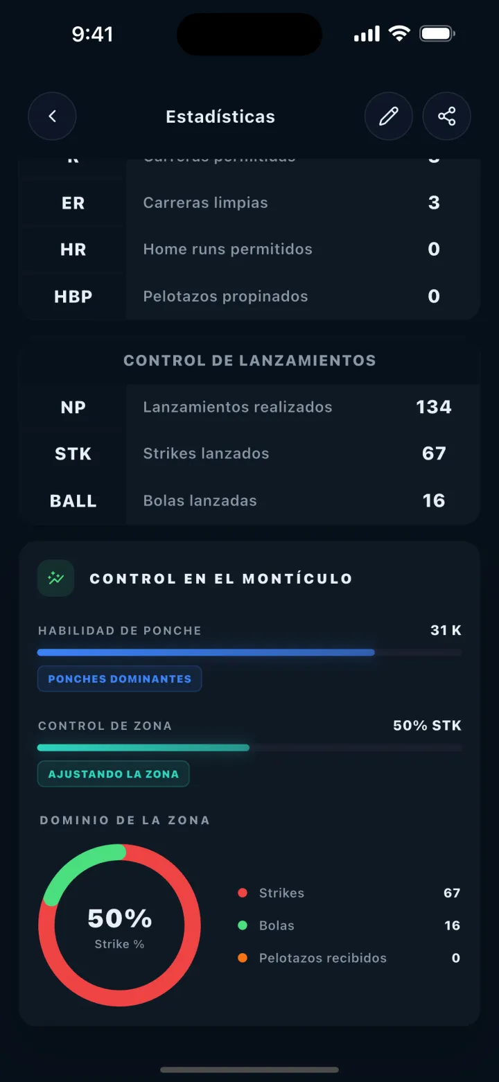 Pantalla de DStats: Análisis de pitcheo
