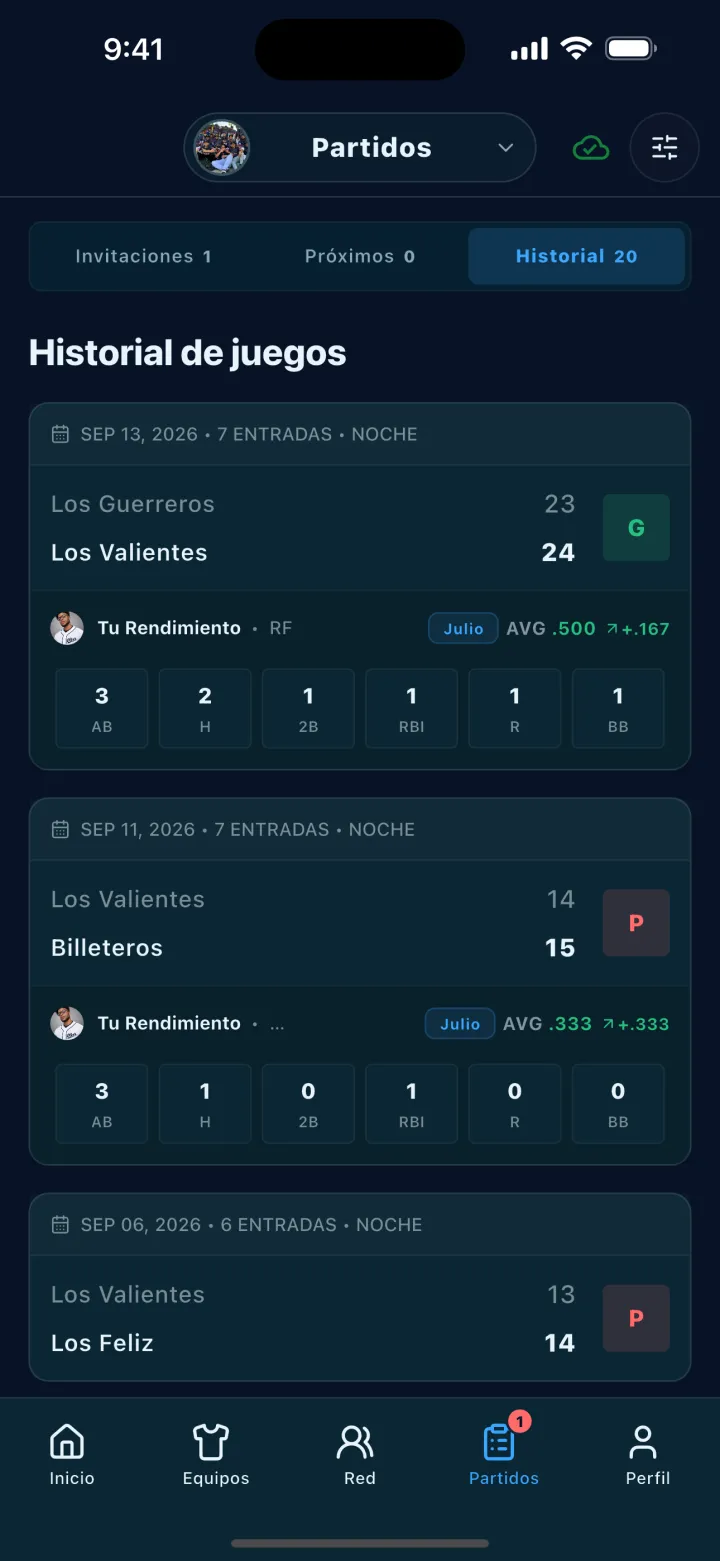 Pantalla de DStats: Historial de partidos y rendimiento