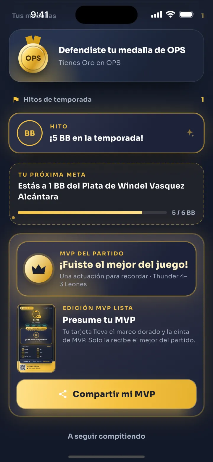 Pantalla de DStats: Medallas, hitos y MVP