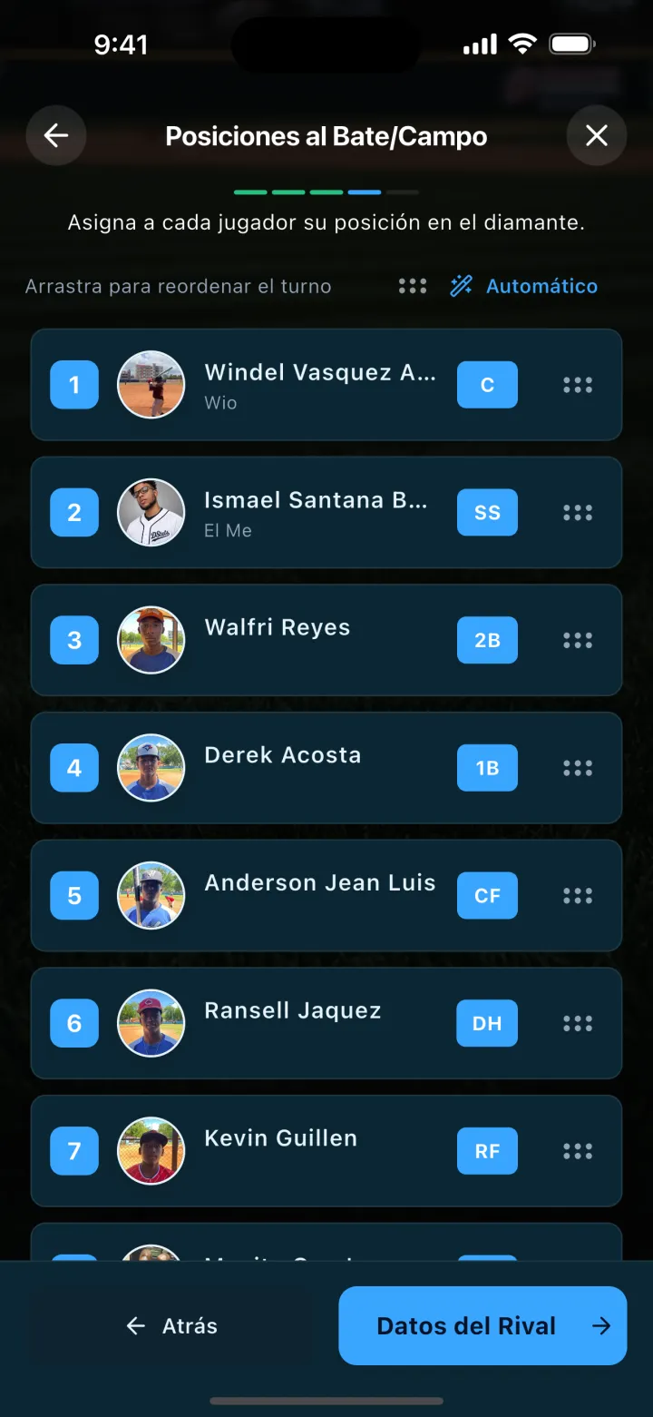 Pantalla de DStats: Orden al bate y posiciones defensivas