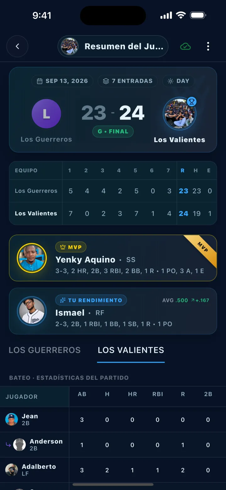 Pantalla de DStats: Resultado final y resumen del partido