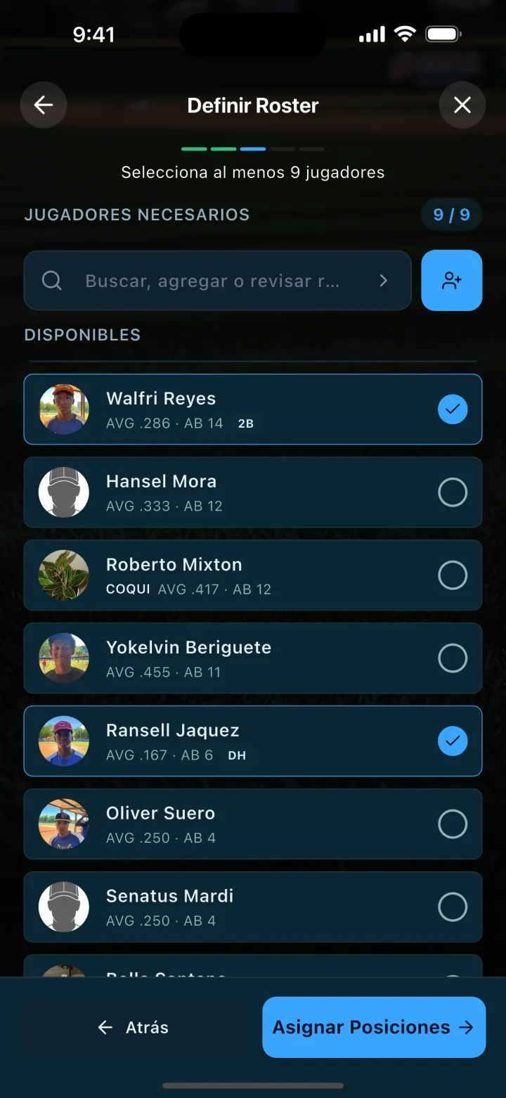 Pantalla de DStats: Selección de jugadores para el partido