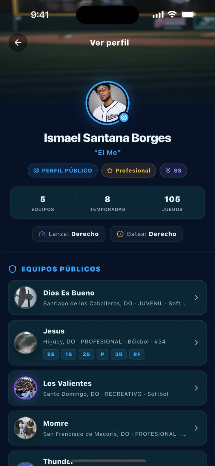 Pantalla de DStats: Perfil público de un jugador