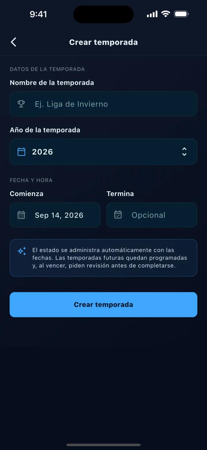 Pantalla de DStats: Formulario para crear una temporada