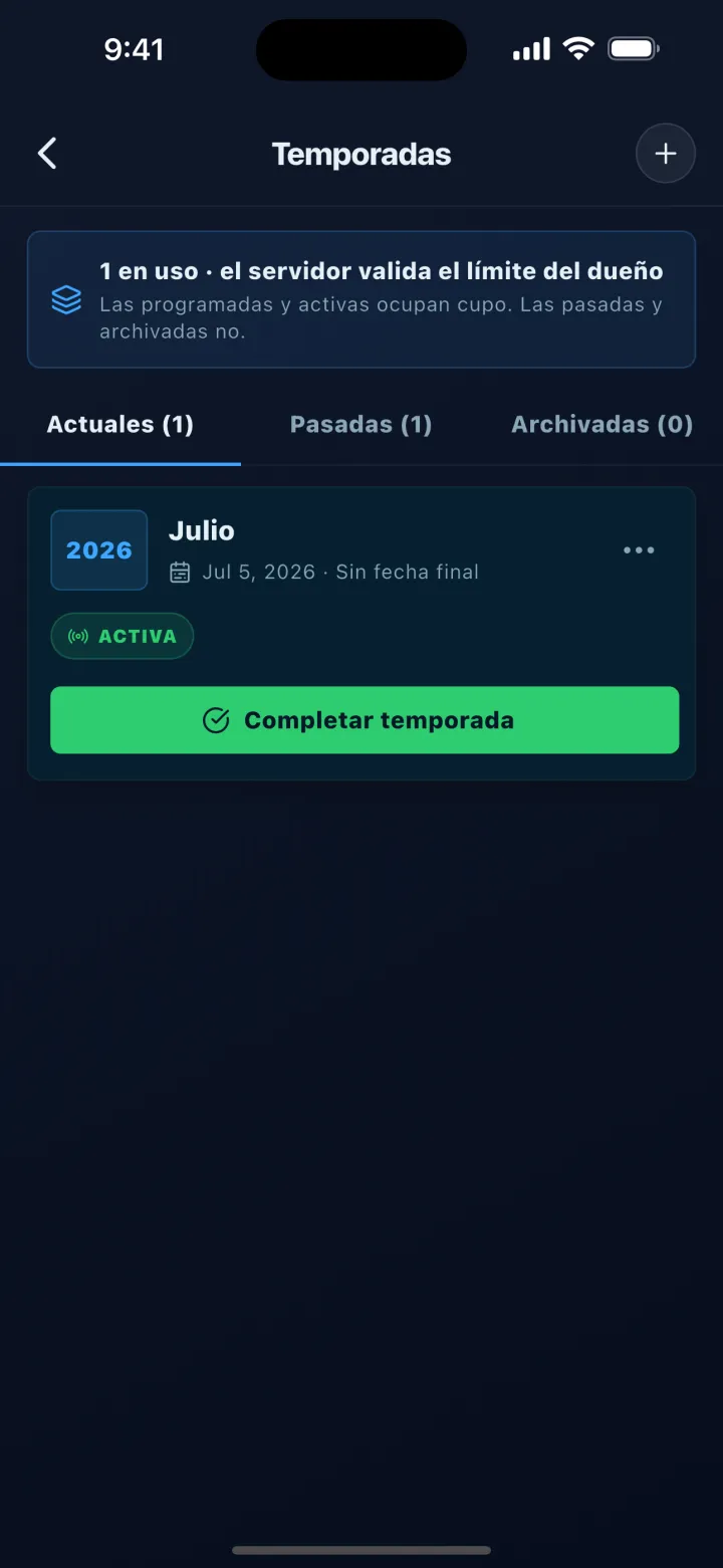 Pantalla de DStats: Temporadas y sus estados